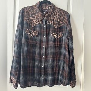 Johnny Was Workshop Leopard Plaid Mix Western Button Up Shirt Boho Flannel Large